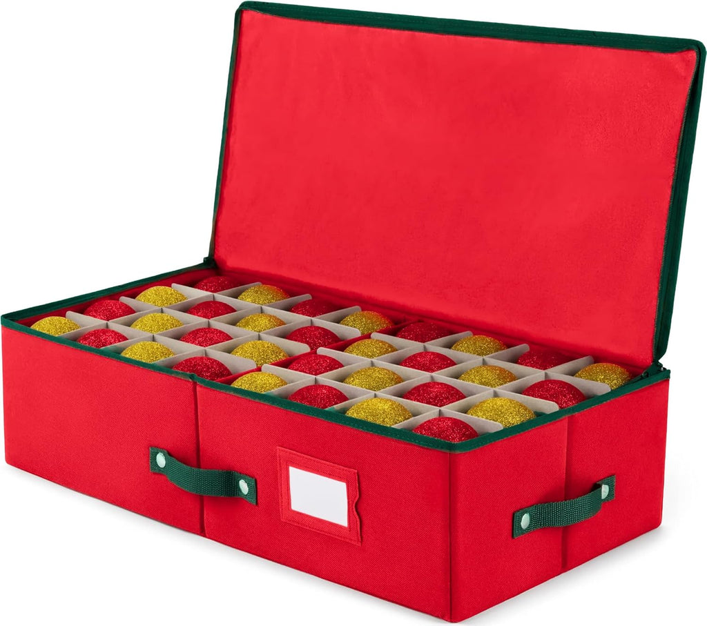 ZOBER Christmas Ornament Storage Box - Holds 64 3" Ornaments with Dividers - Durable Tear-Proof 600D Oxford Fabric - Red