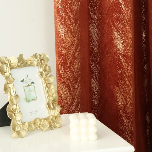 Tootop Burnt Orange Velvet Curtains Champagne Gold foil Print Shiny Geometric Pattern Luxury Living Room Bedroom Thick Super Soft Thermal Insulation darken Curtains Grommet 2 Panel (52 x 63) Inch