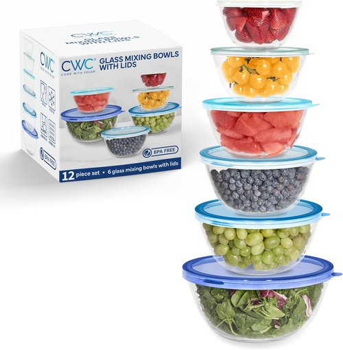 Cook With Color 12-Pc Glass Mixing Bowl Set - Borosilicate Nesting Bowls with Lids for Cooking & Baking