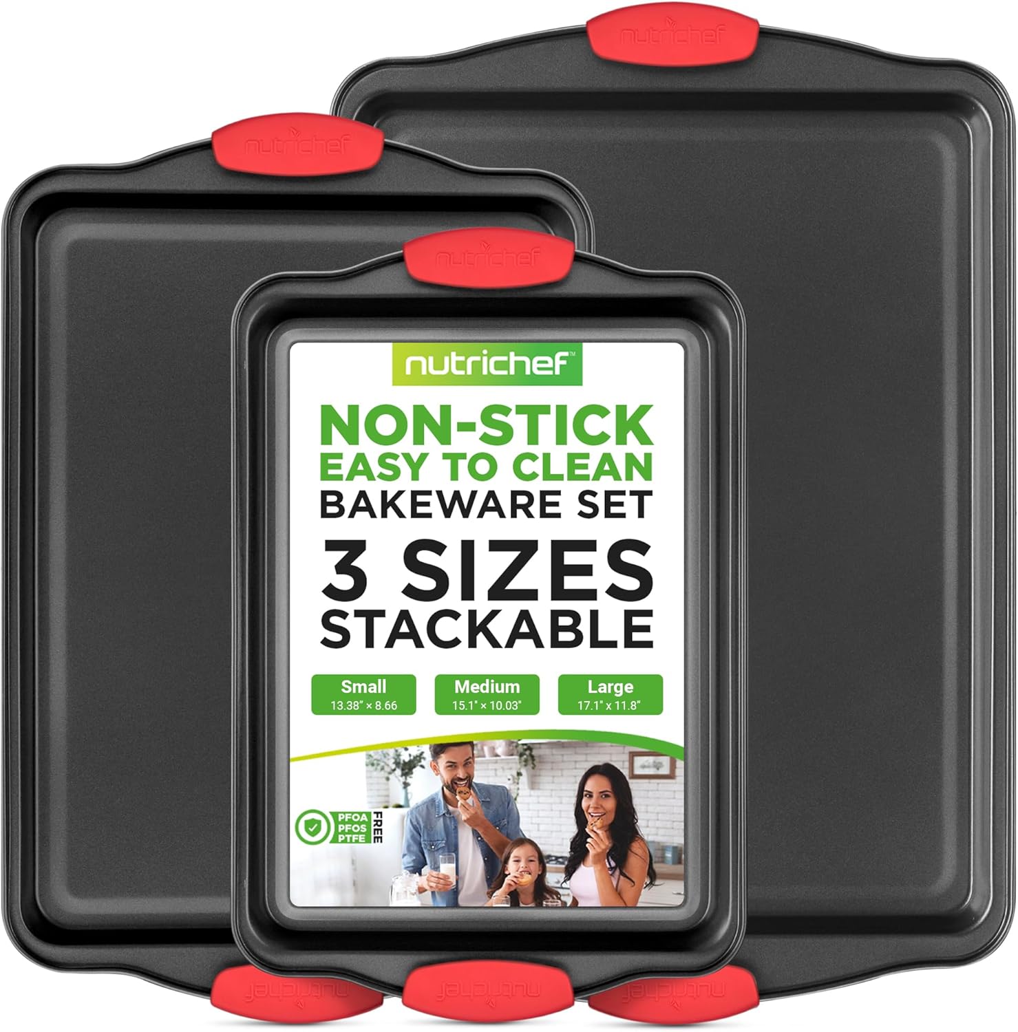 NutriChef Nonstick Baking Pans Set - Premium Commercial Grade Steel with Red Silicone Handles | Easy to Clean, 3-Piece
