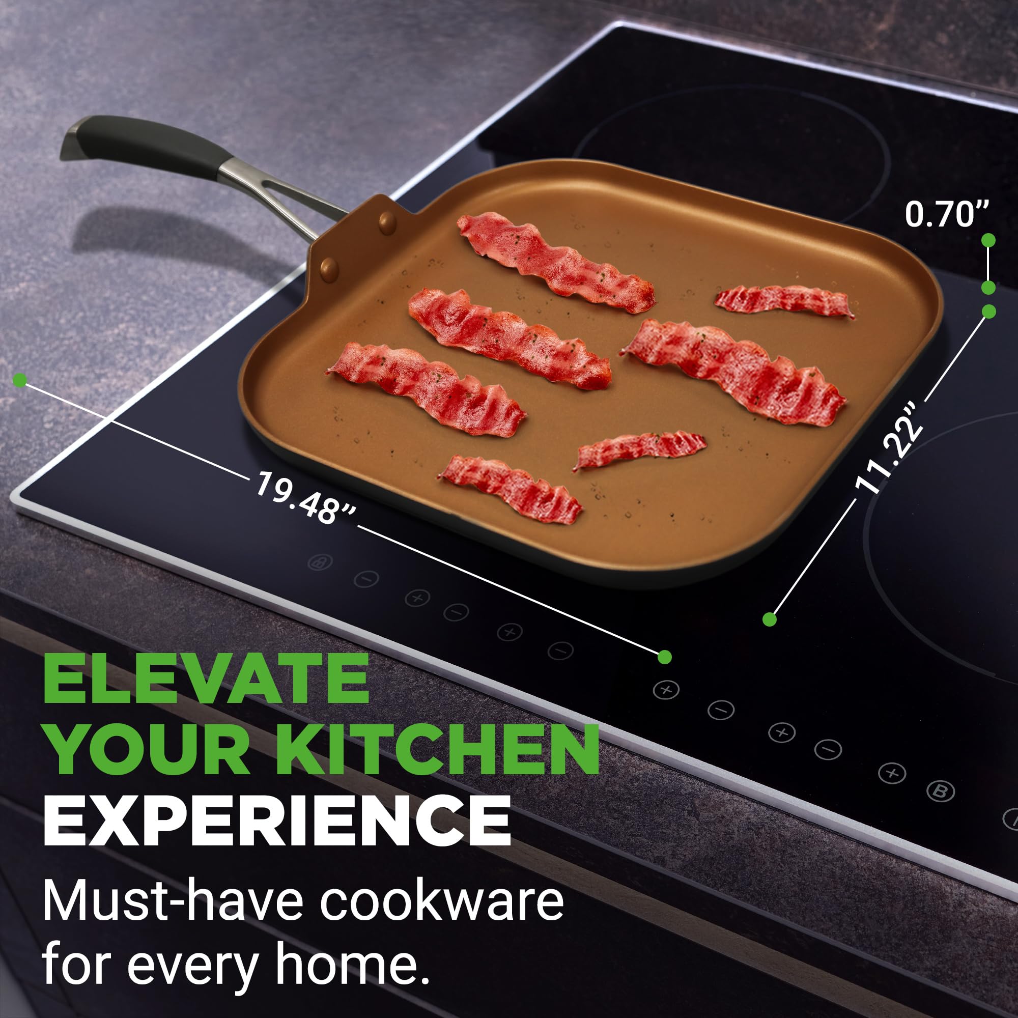 NutriChef Hard Anodized Nonstick Griddle Pan -PFOA/PFOS Free Non-Stick Griddle Pan 3 Layers Copper Non-Stick Coating Inside, Hard-Anodized Look Heat Resistant Lacquer Outside, Silicone Handle NCSQPA.5