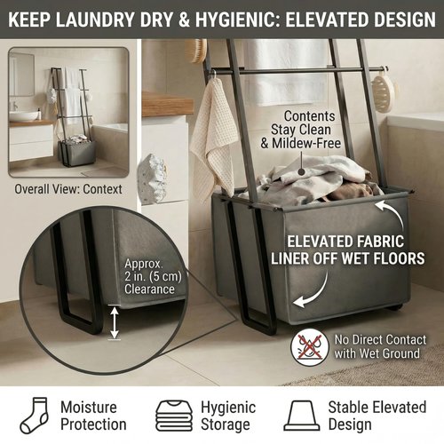 2-in-1 Leaning Blanket Ladder with Storage Basket, Matte Black Metal Towel Rack Stand, Drill-Free Space Saving Organizer for Bathroom & Bedroom Throws, 63"