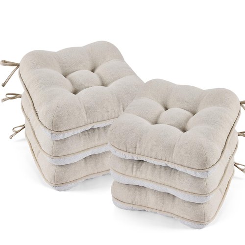 BETU Chair Cushions for Dining Chairs Set of 6,3.5" Thick Kitchen Table Chair Pads with Ties,Non Slip Backing and Covers, Seat Cushion for Dining Room,Bar,Patio Chairs,16"X16"X3.5",Beige