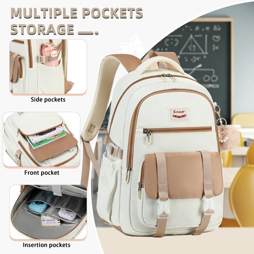 School Backpack for Teen Girls College Backpacks for Women Students Bookbag Large 15.6 Inch Laptop Bags Kids Kindergarten Elementary Middle School Bag Anti Theft Daypack Travel Back Pack Beige