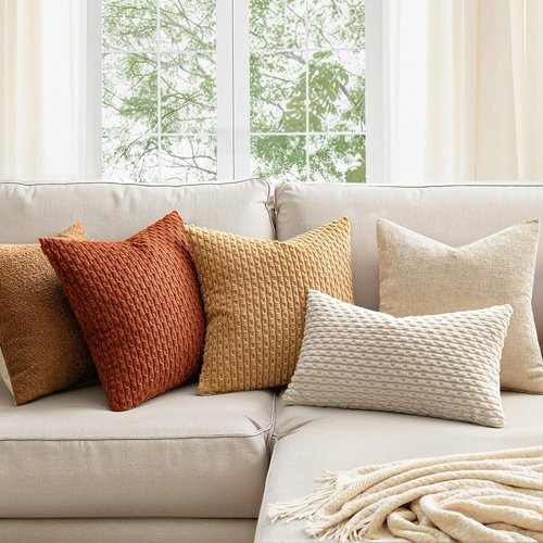 MIULEE Throw Pillow Covers - Soft Corduroy Boho Striped Decorative Set of 2 | 18x18 Inch Rust for Couch & Sofa