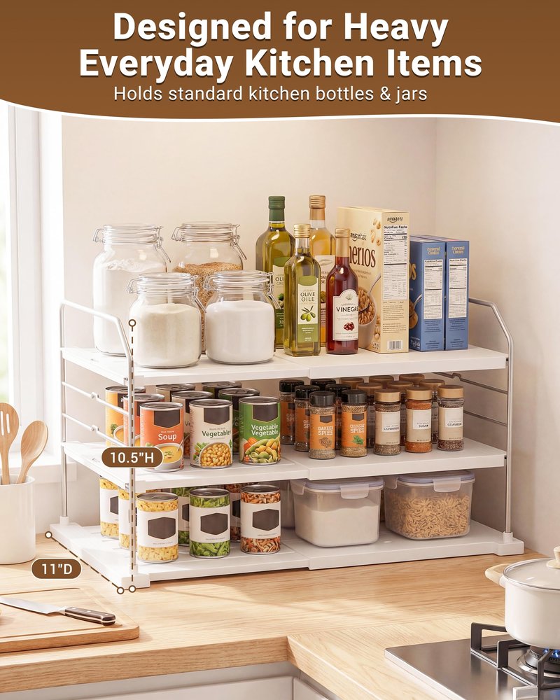 EVERIE Extendable 3-Tier Kitchen Cabinet & Pantry Organizer for Plastic Wrap, Foil & Storage Bags, Adjustable Heavy Duty Shelf Rack for Wrap Boxes, Jars & Snack Boxes (11–16.7 in Wide), Pack of 2