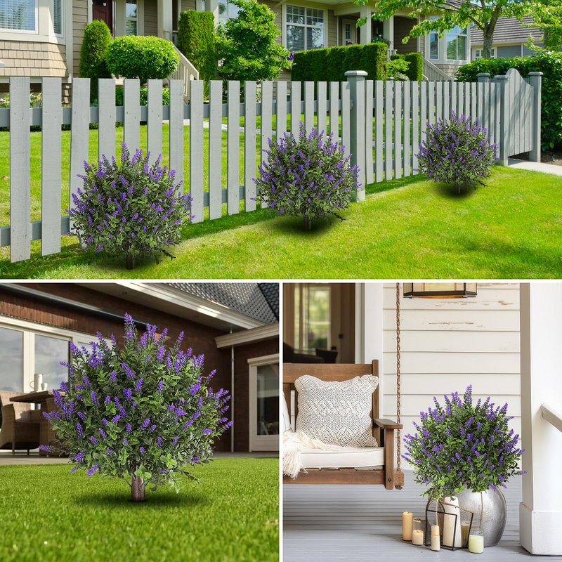 LUWENER 23.6" Artificial Lavender with Boxwood Topiary Ball, 2 Pack UV Resistant Artificial Shrubs，with Ground Spikes, Indoor and Outdoor Fake Evergreen Tree for Porch, Garden, Front Door Decoration