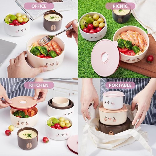 Thousandaynight Ceramic Bowls with Lids, 4, 5, 6 Inch Food Storage Container Bowl, Microwave & Dishwasher Safe, For Soup, Salad, Rice, Cereal, Breakfast, Dinner, Serving, Oatmeal (Bear)