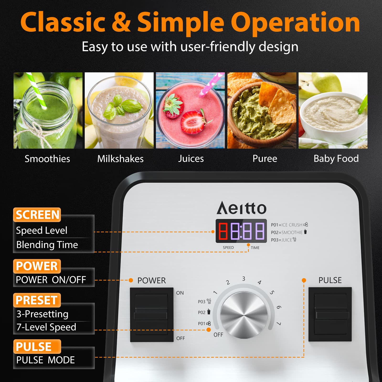 Aeitto Blender for Kitchen, 68 Oz Large Capacity Professional Countertop Blender, 1500-Watt Smoothie Blender for Ice Crush, Frozen Drinks, Silver