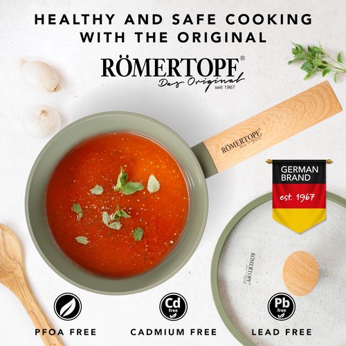 Romertopf 2.5QT Sauce Pan with Lid | 8 Inch Nonstick Ceramic Saucepan | Small Pot for Cooking, Boiling, Simmering | Even-Heat Cooking Pot for All Stovetops | Induction Compatible, Easy to Clean