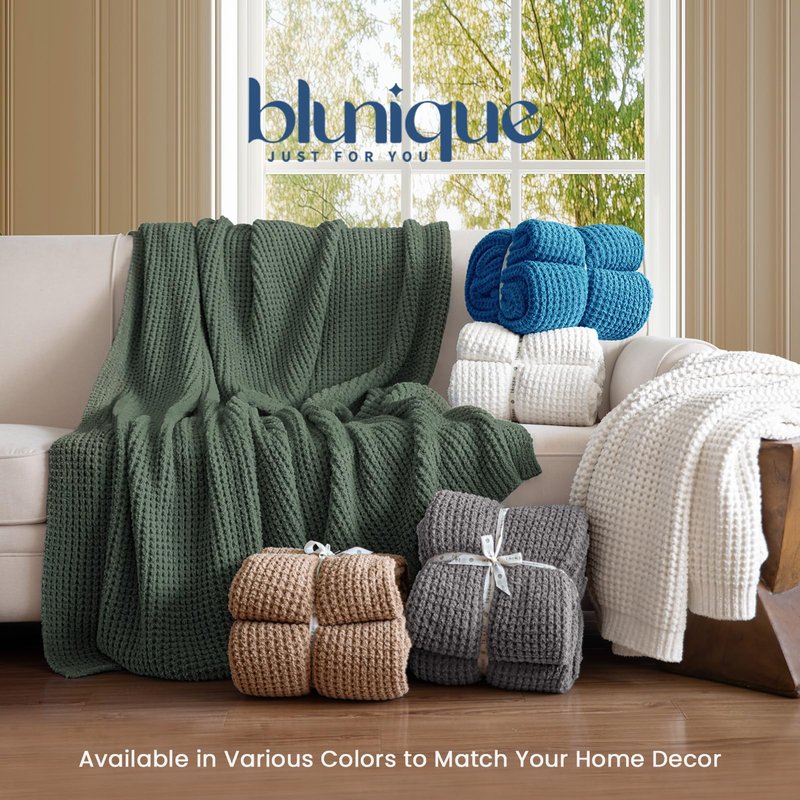 blunique Waffle Knit Throw Blanket, Luxury Cozy Chunky Knit Throw Blanket for Couch, 50 x 60 Inch Thick Ultra-Soft Feather Yarn Knitted Blanket for Sofa, Bed, Home Decor - Off White