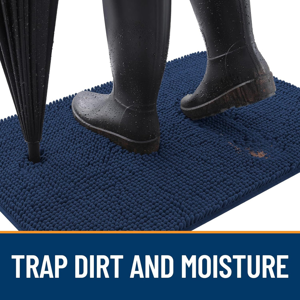 OLANLY Dog Door Mat - Absorbent Non-Slip Chenille for Muddy Paws | 40x24 Dark Blue Quick Dry Doormat