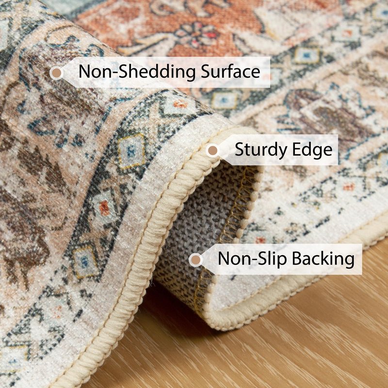 BESTSWEETIE 5x7 Area Rug Washable Rugs for Living Room, No Pile Boho Carpet for Entryway Bedroom Dinning Room, Vintage Carpet Print Distressed Non-Slip, 5 x 7 ft, Green Brick Rust Red