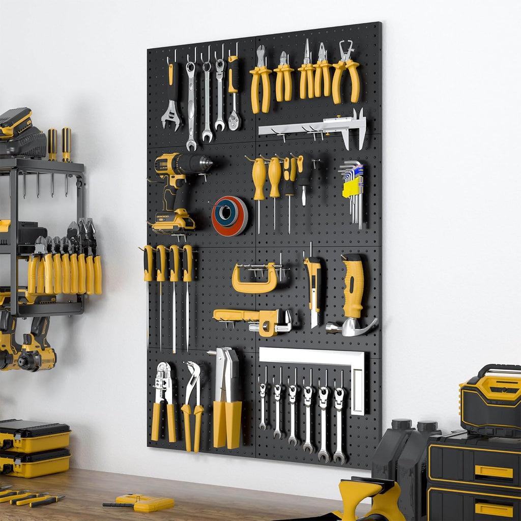 Spampur Pegboard Panels - 8 Pack Heavy-Duty Wall Organizer with 50 Hooks | Black for Home & Garage