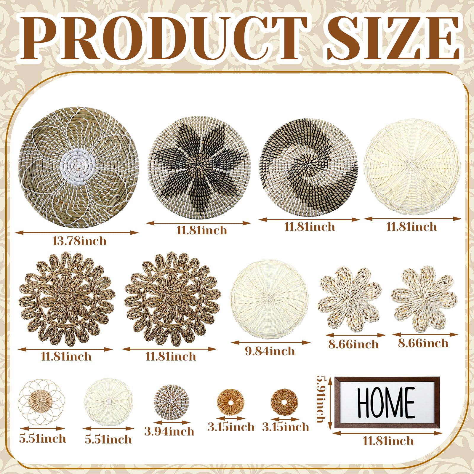 Xuhal 15 Pcs Boho Wall Basket Decor Handcrafted Seagrass Woven Wall Basket Rustic Round Woven Hanging Art for Home Farmhouse Kitchen Table Living Room(Elegant Style)