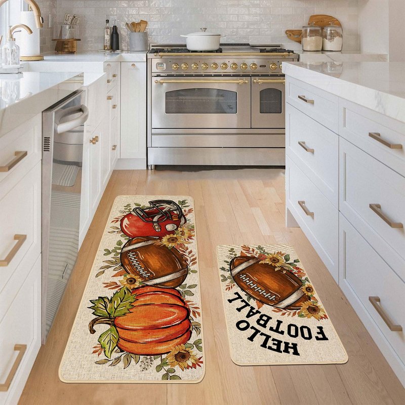 Baccessor Fall Rugby Pumpkins Kitchen Mats Set of 2,Autumn Football Pumpkins Helmet Low-Profile Non Slip Absorbent Kitchen Mat Rugs for Floor Farmhouse Thanksgiving Home Decor 17x29 and 17x47 Inch