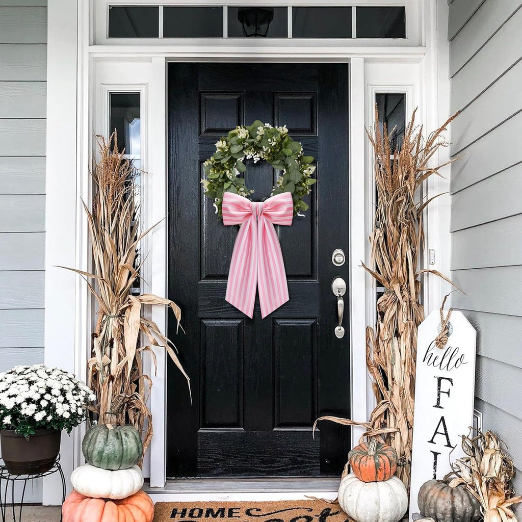 Skiennix 2 Pack Wreath Sash - Stylish Pink and White Stripe Boxwood Garland Decor for Front Door