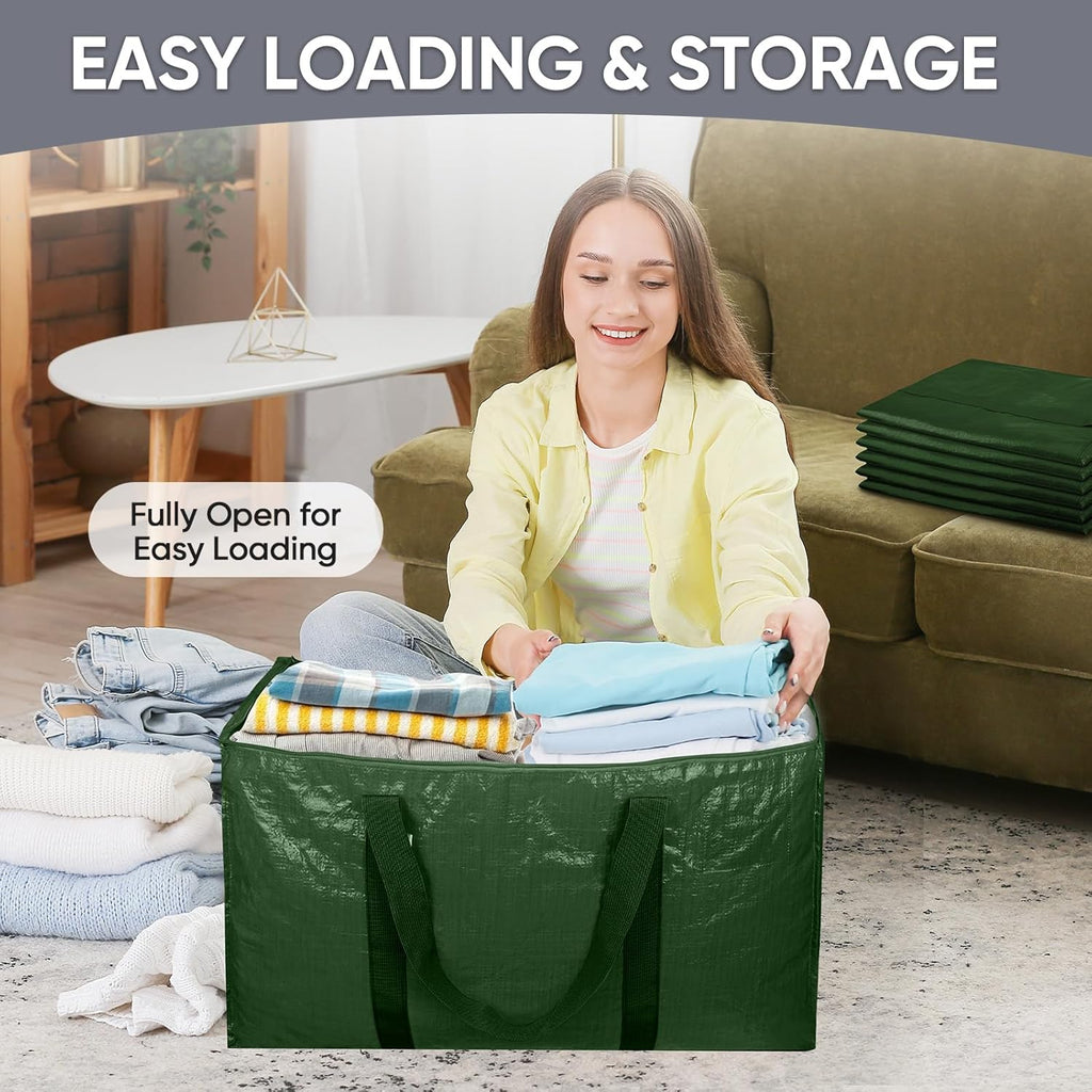TICONN Extra Large Heavy-Duty Moving Bags - Durable Storage with Zippers & Handles (8 Pack, Olive)