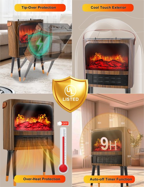 Electric Fireplace Heater with 3D Realistic Flame, Humidifier, Thermostat, Safety Protection, Remote Control, Timer, Electric Space Heater, 1500W/750W Portable Fireplace Heater for Indoor Use