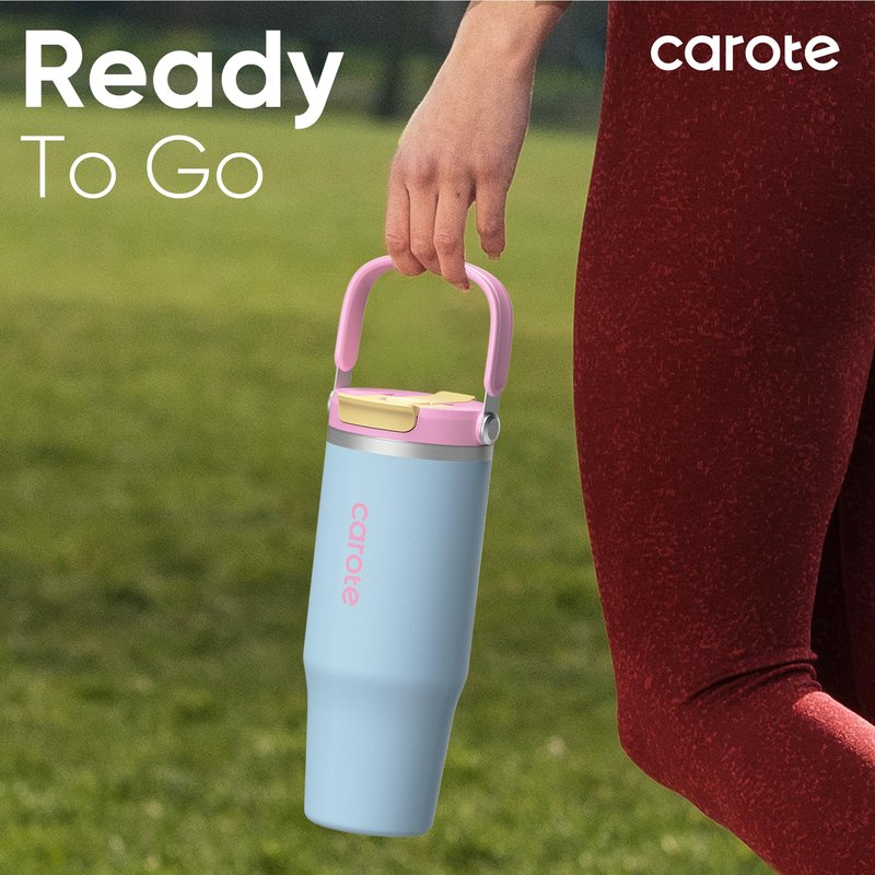 CAROTE 30 oz Insulated Water Bottle with Handle & 32 oz Travel Tumblers with Straw, Leakproof Dual Drink Ports Lid, Double-Wall Stainless Steel Vacuum Insulated for Sports, School (Pink)