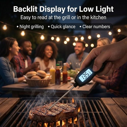 Meat Thermometer Digital - Instant Read Waterproof Food Thermometer with Backlight for BBQ, Steak, Turkey & More (Black)