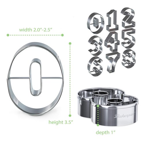 Bakerpan Stainless Steel Number Cookie Cutter Shapes, Set of 9 Large 3.5 Inch Numbers with Bonus Dough Cutter