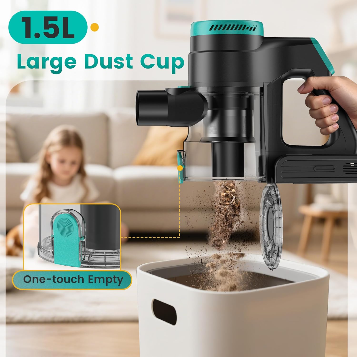 Zefiro 350W Cordless Vacuum Cleaner - 45-Minute Runtime, Lightweight Design, 1.5L Dust Cup | Ideal for Hardwood Floors & Pet Hair (Green)
