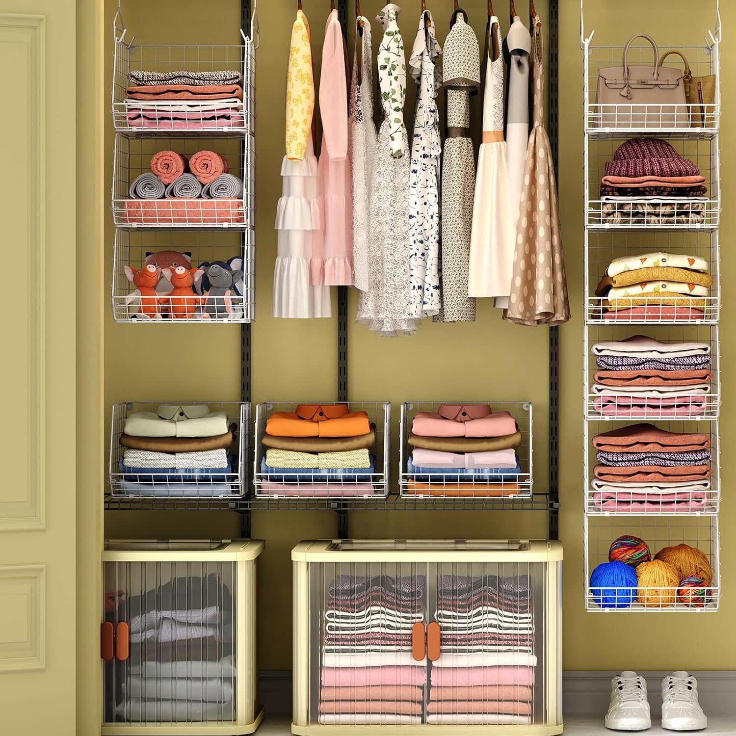 X-cosrack 6-Tier Closet Hanging Organizer - Versatile Clothes Shelves with Hooks & Baskets for Shoes, Handbags, Accessories