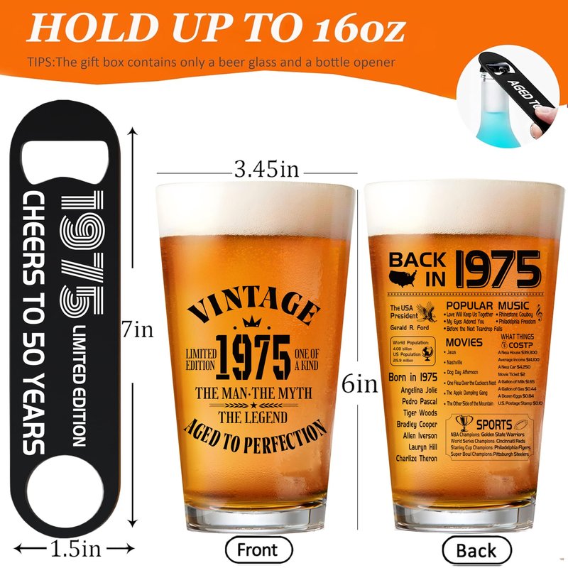 YJGS 51th Birthday Gifts for Men, 1975 Beer Glass 16oz, 51th Birthday Decorations, 51 Year Old Gifts for Men, Mens 51th Anniversary Birthday Gift Ideas, Funny Fathers Day Dad Present