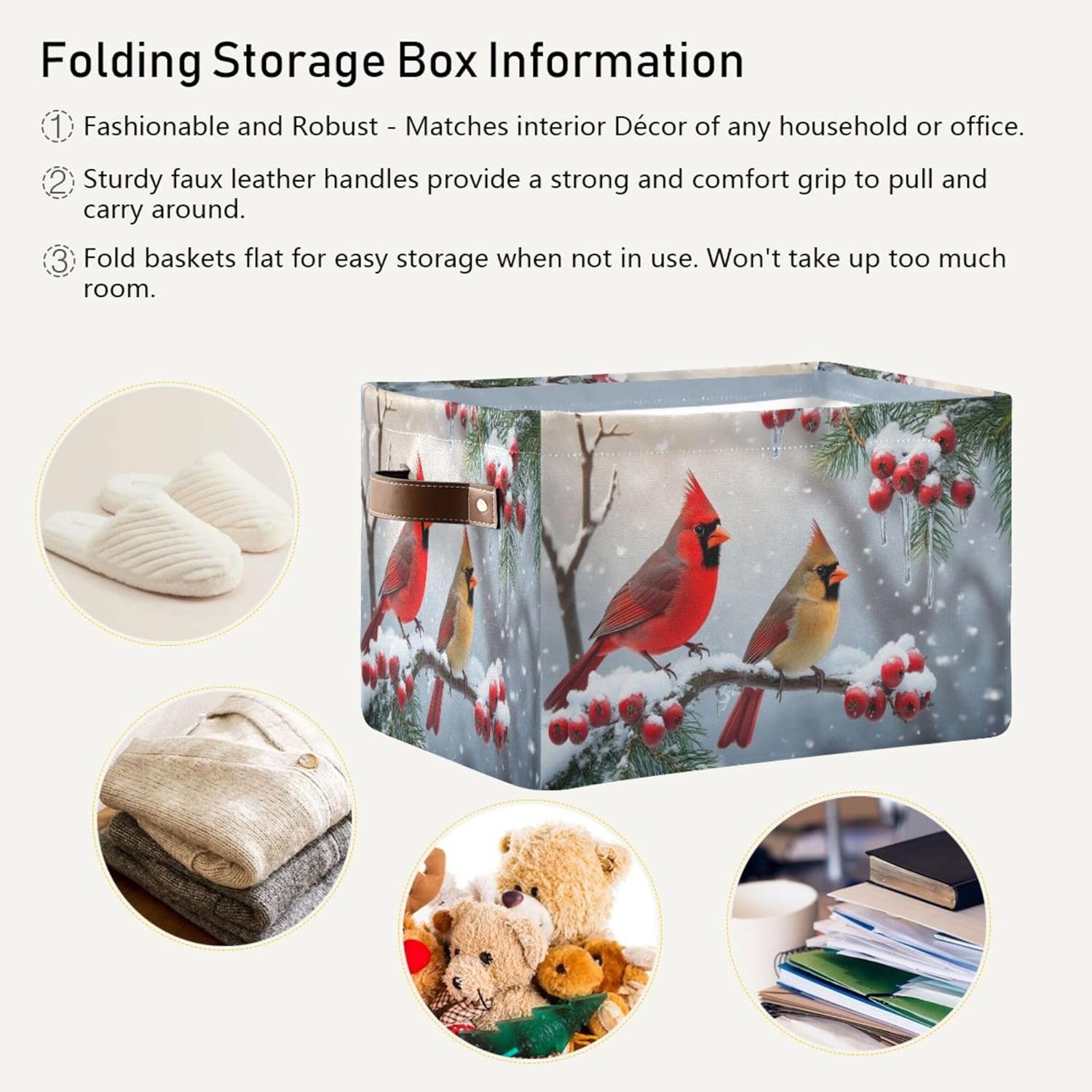 Winter Cardinal Birds Fabric Laundry Basket - Stylish Snow Storage Organizer for Baby Clothes & Toys | 16x12x8