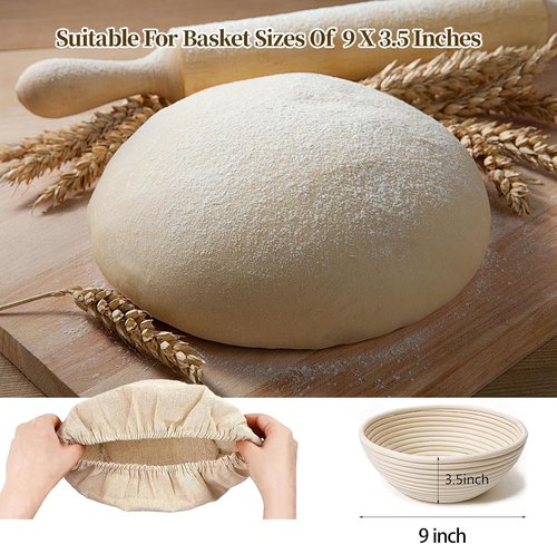 Banneton Bread Proofing Basket Set - 9-Inch Round Natural Rattan with 4 Linen Liners for Sourdough Baking