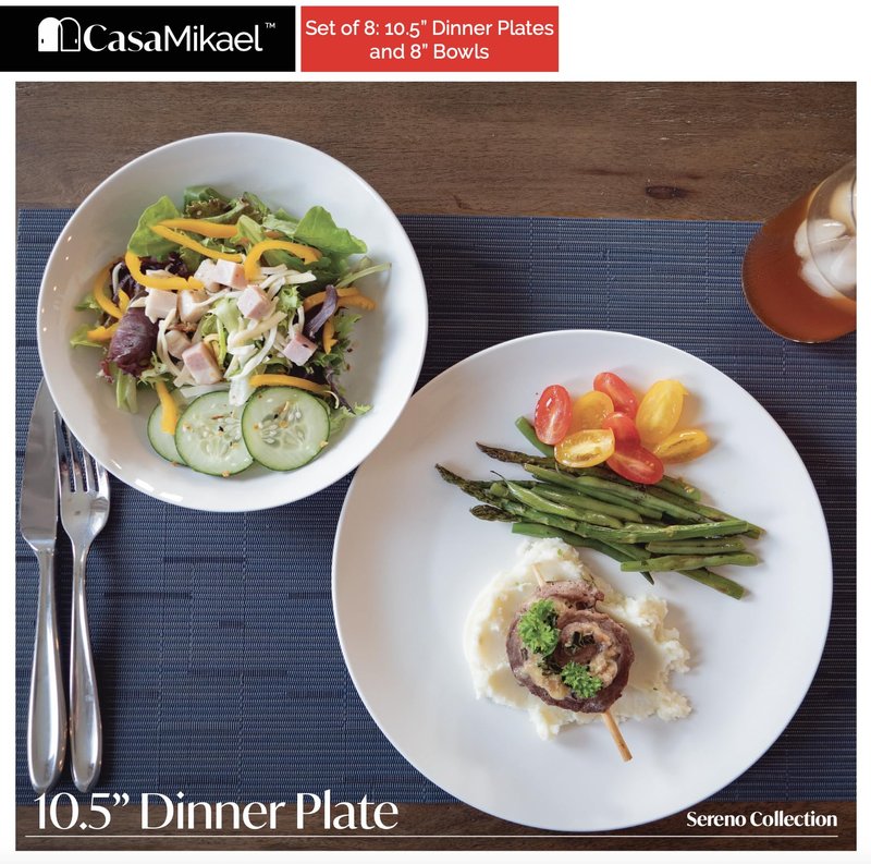 CasaMikael™ - Set of 8 – (4) 10.5" Dinner Plates + (4) 8″ White Porcelain Dinner Plates – SERENO COLLECTION