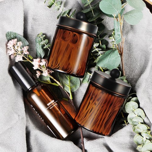 Amber Glass Qtip Holder Set | Apothecary Jars with ORB Metal Lid - Stylish Bathroom Organizer (3 Pack)