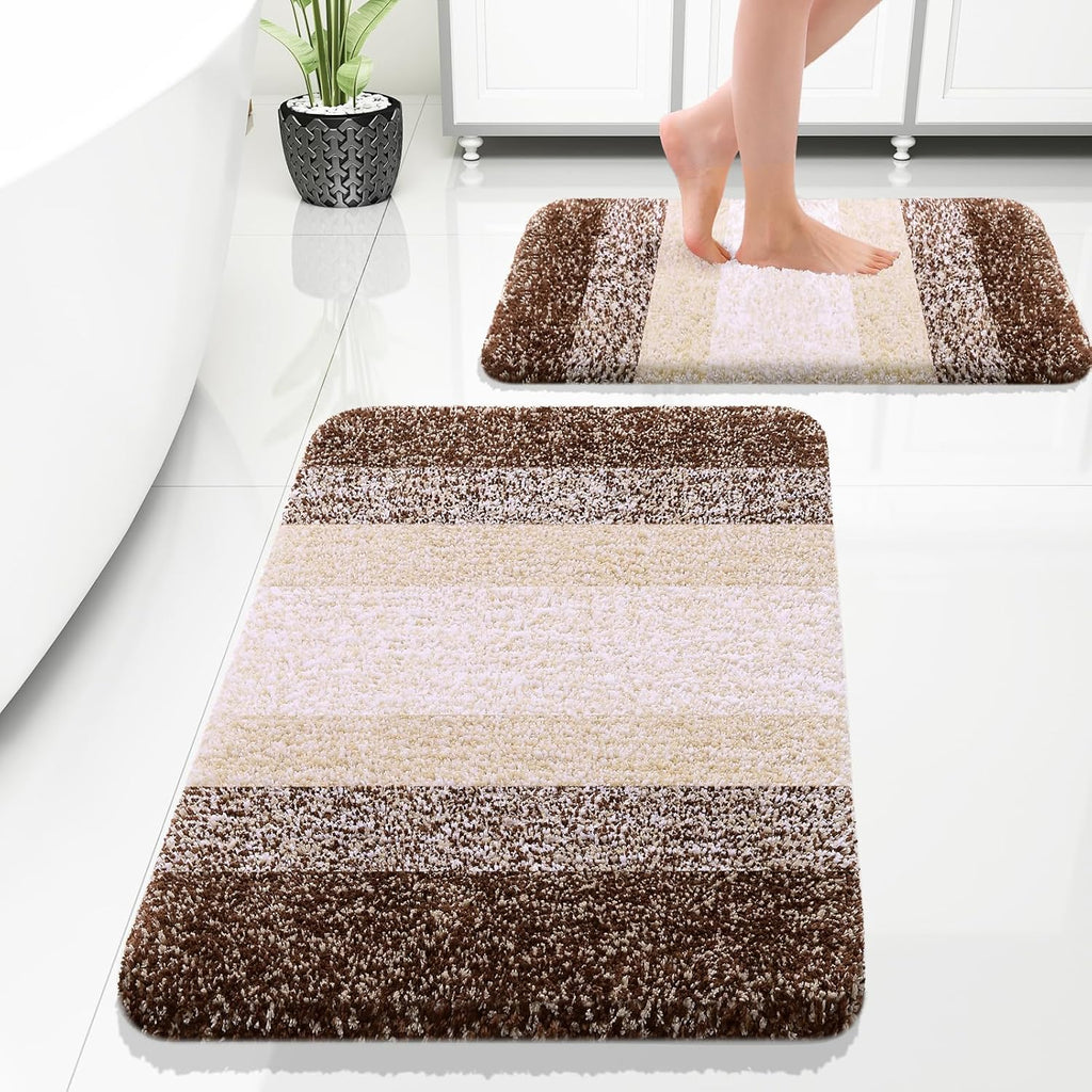 OLANLY Soft Absorbent Microfiber Bathroom Rug Set - Non-Slip Plush Shaggy Mats (30"x20" & 24"x16", Brown)