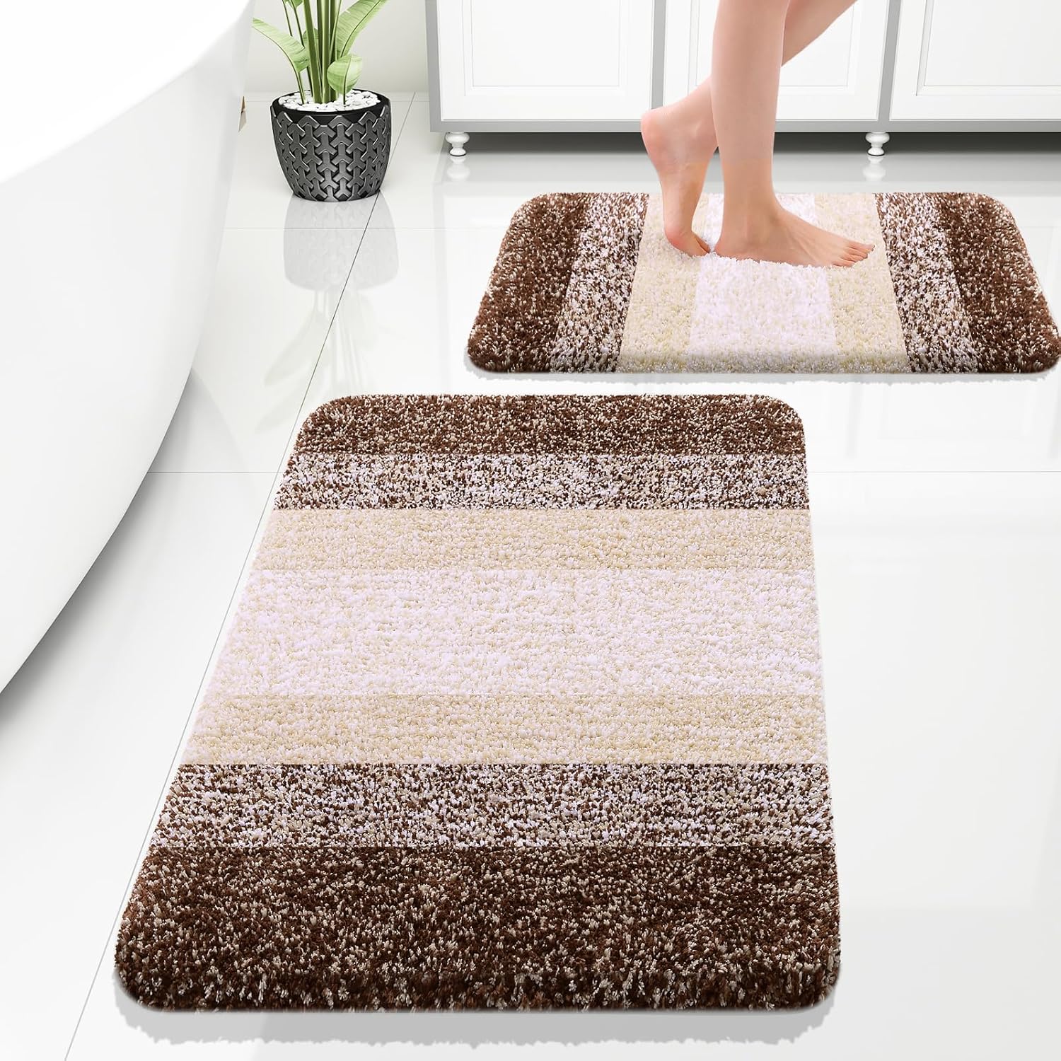 OLANLY Soft Absorbent Microfiber Bathroom Rug Set - Non-Slip Plush Shaggy Mats (30"x20" & 24"x16", Brown)