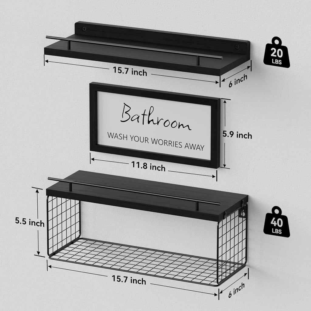WOPITUES Floating Wall Shelves - Stylish Bathroom Organizers with Metal Guardrail | Black Finish