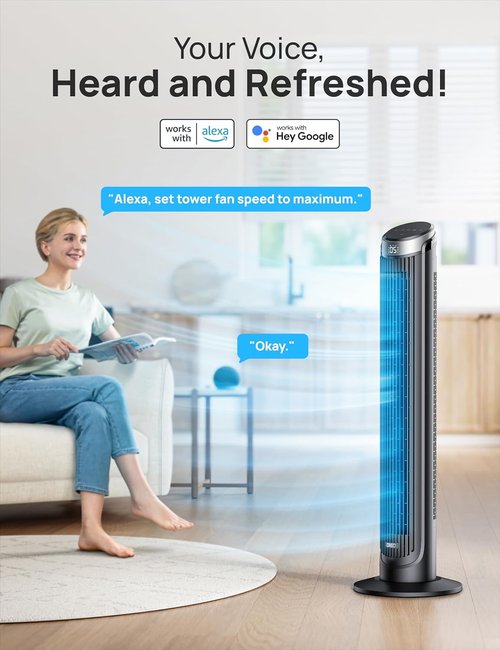 DREO Smart Tower Fan - 90° Oscillating 40" Standing Fan with 5 Speeds & Quiet Operation | Voice Control & Timer, Silver