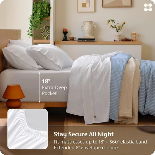 Bedsure 100% Washed Cotton Percale Sheets - Soft & Breathable 6-Piece Queen Set with 18" Deep Pockets (White)