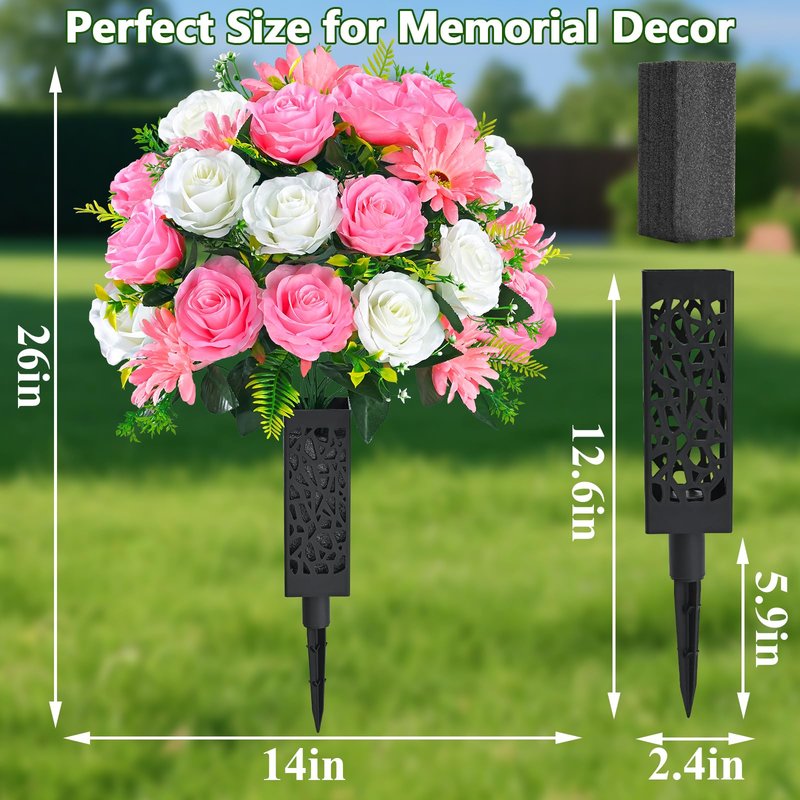 Yastouay 3 Sets Artificial Cemetery Flowers for Grave with Vase, Grave Decorations for Cemetery with Rose Carnation Flowers for Memorial Cemetery Grave Tombstone Decorations