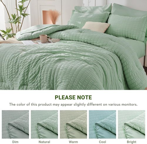 HYMOKEGE Queen Comforter Set - Sage Green Seersucker 7-Piece Luxury Bedding Set | All-Season Comfort