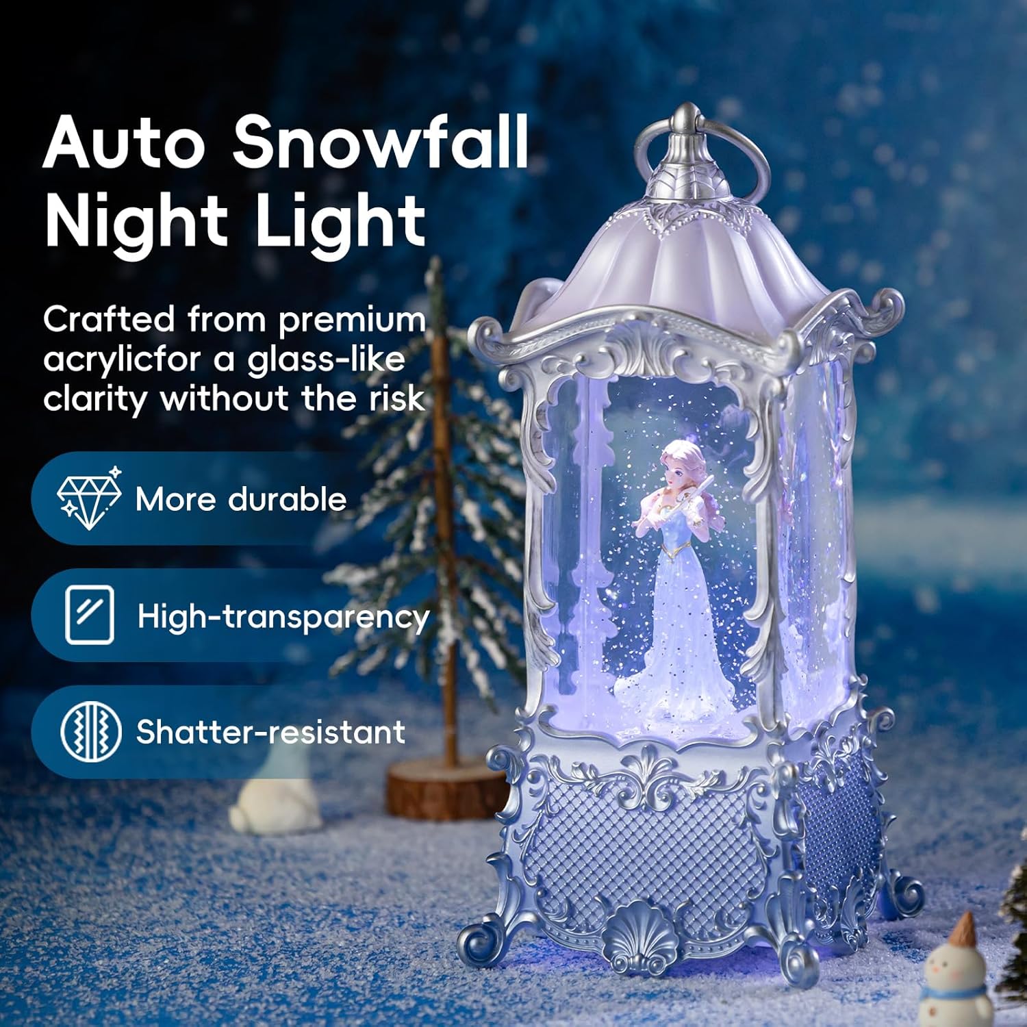 Snow Globe Lantern - Violin Girl Music Box with LED Light | Shatterproof, 8 Songs, USB/Battery Powered, Silver