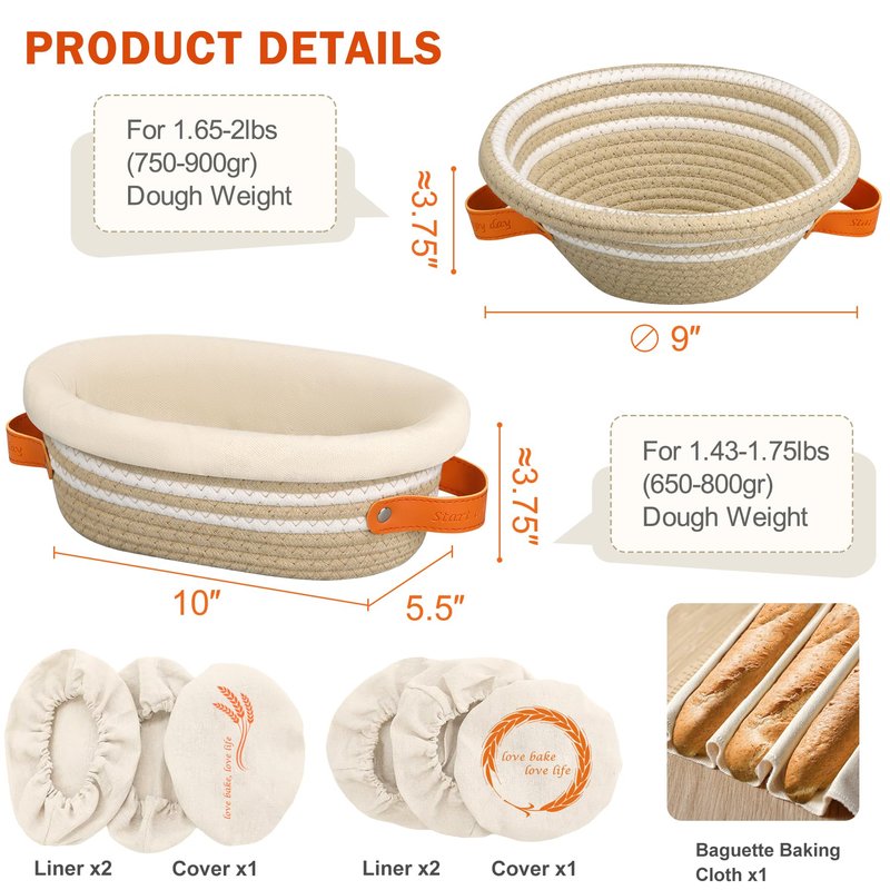 Reeple Banneton Sourdough Bread Proofing Basket Set of 2, Oval & Round Cotton Rope Bread Supplies Proofing Bowls with Liners and Covers for Sourdough Bread Baking