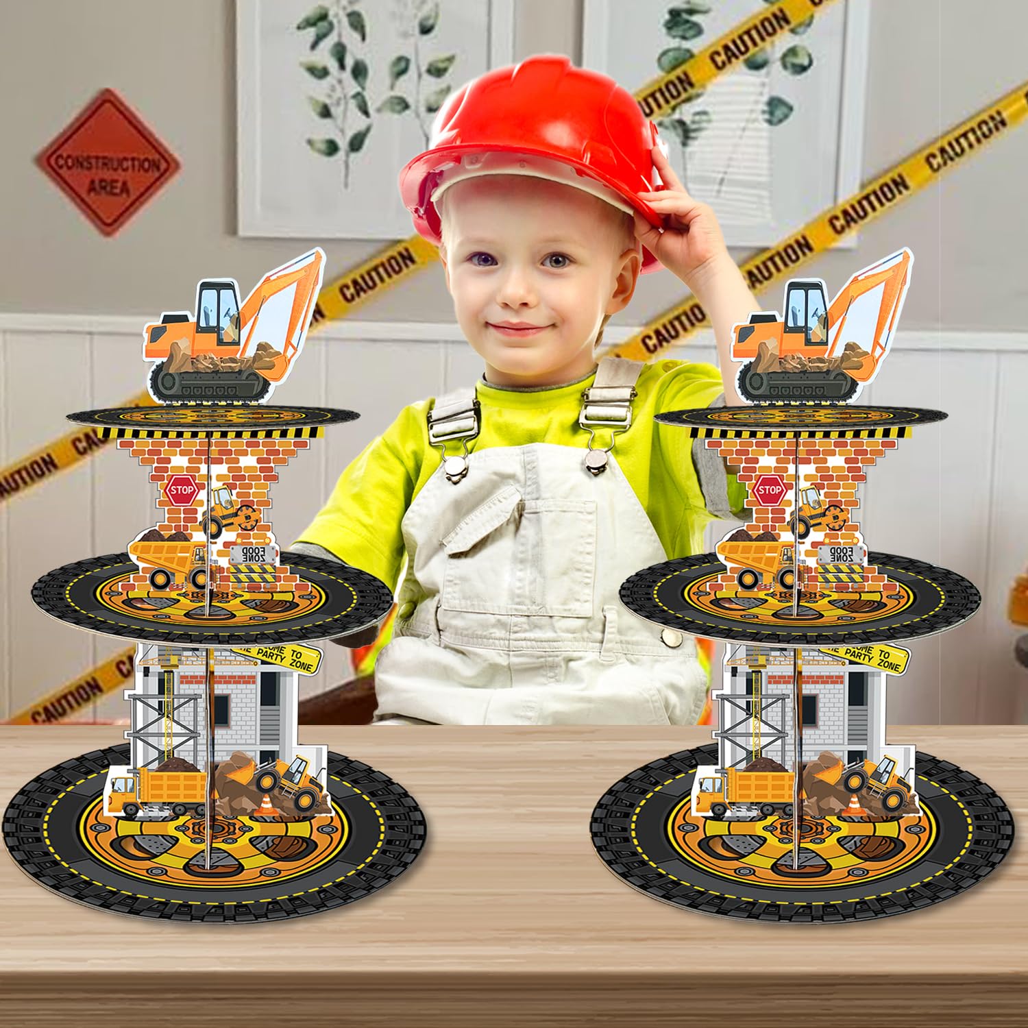 PIONUX Construction Cupcake Stand Birthday Party Supplies, Excavator Cup Cake Tower Stand 3 Tier Cardboard Cupcake Dessert Stand Holder for Boys Truck Theme Birthday Party Decorations Favors