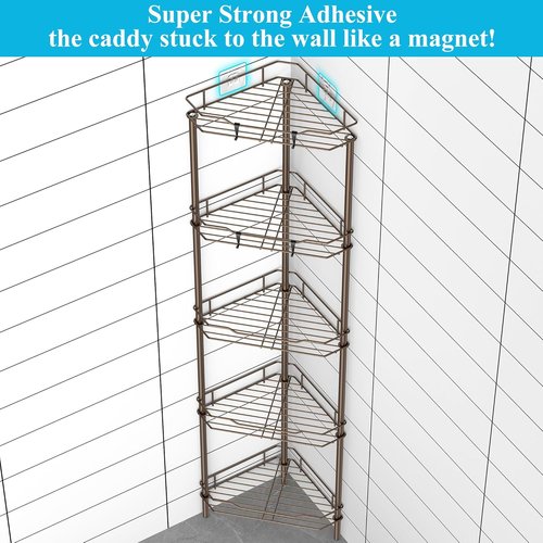 HuggieGems 5-Tier Corner Shower Caddy Organizer - Stylish Bronze Bathroom Shelf with Hooks