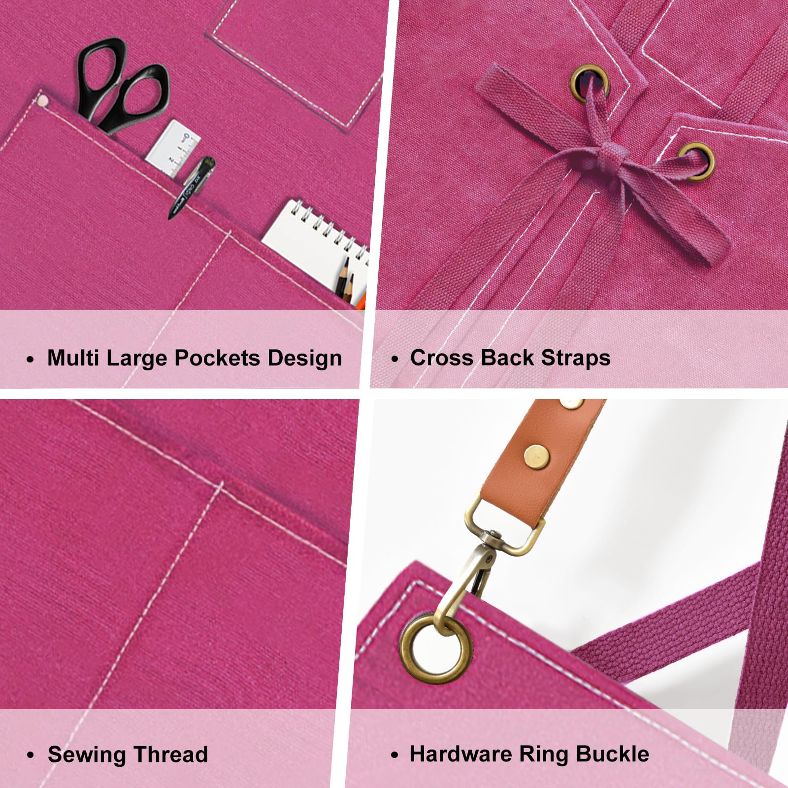 OUNLEN Chef Apron for Men Women Canvas Aprons with 3 Pockets Cross Back Resistant Work Apron for Cooking Grilling Baking BBQ Barber Kitchen (Pink)