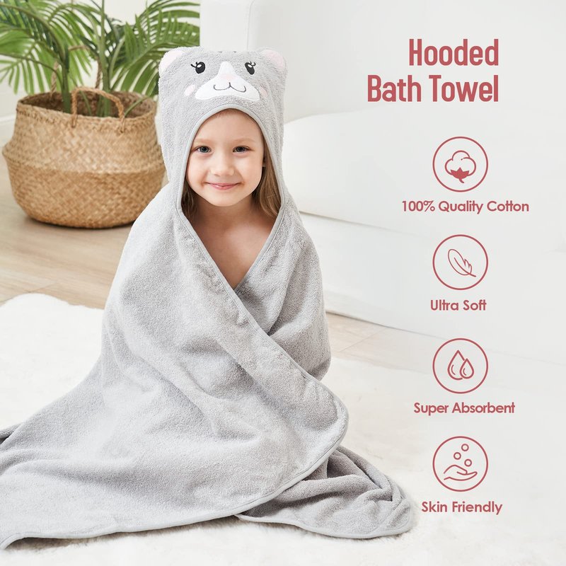 Style Quarters 100% Cotton Kids Hooded Bath Towel with Embroidery - Large 50"x24" Soft Terry Toddler Beach Towel, Cartoon Cat Hooded Towel for Boys & Girls (Grey Cat)