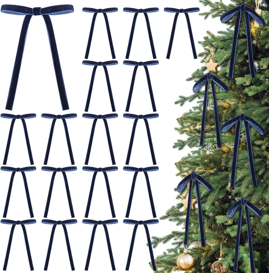 Skiennix 24 Pcs Velvet Bows - Vintage Ribbon Bows for Christmas Tree & Crafts | Navy Blue (5 x 7 Inch)