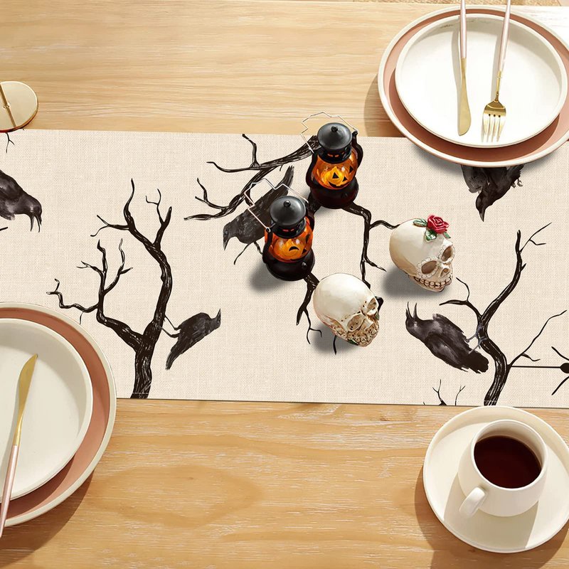 Seliem Halloween Gothic Skull Black Cat Crows Table Runner, Silhouette Tree Branches Spider Kitchen Dining Table Decor, Scary Holiday Home Decoration Indoor Outdoor Party Supply 13 x 108 Inches