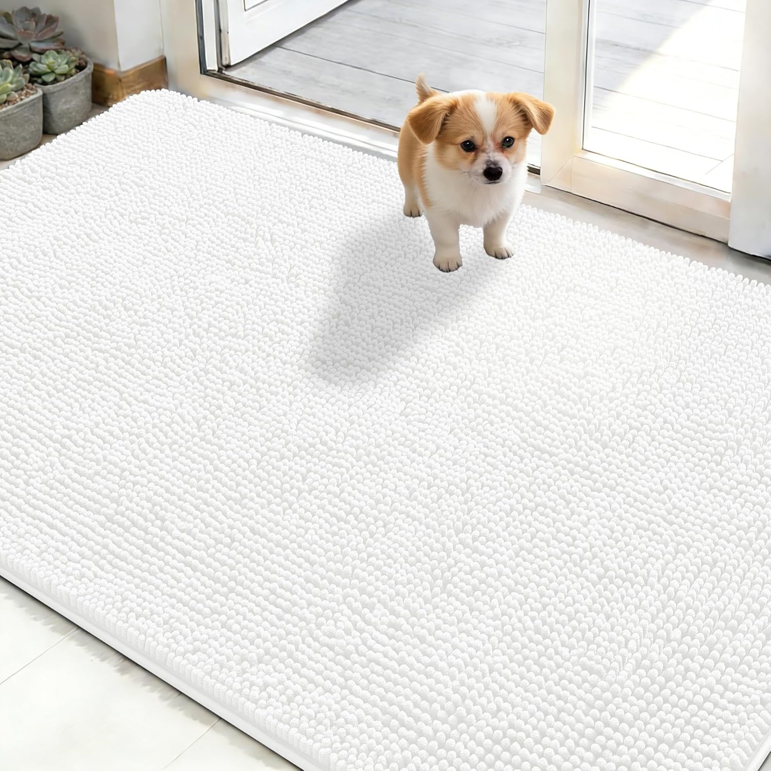 OLANLY Dog Door Mat - Absorbent Non-Slip Chenille Mat for Muddy Paws | 48x30, Quick Dry, White