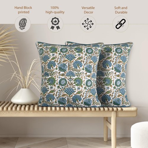 Ridhi Block Print Asparagus Green Pillow Cover 16" x 16" (Pack of 2) Decorative Couch Pillows for Living Room, Chic Boho Cute Outdoor Pillows Covers Gifts for Spring, Easter and Valentine